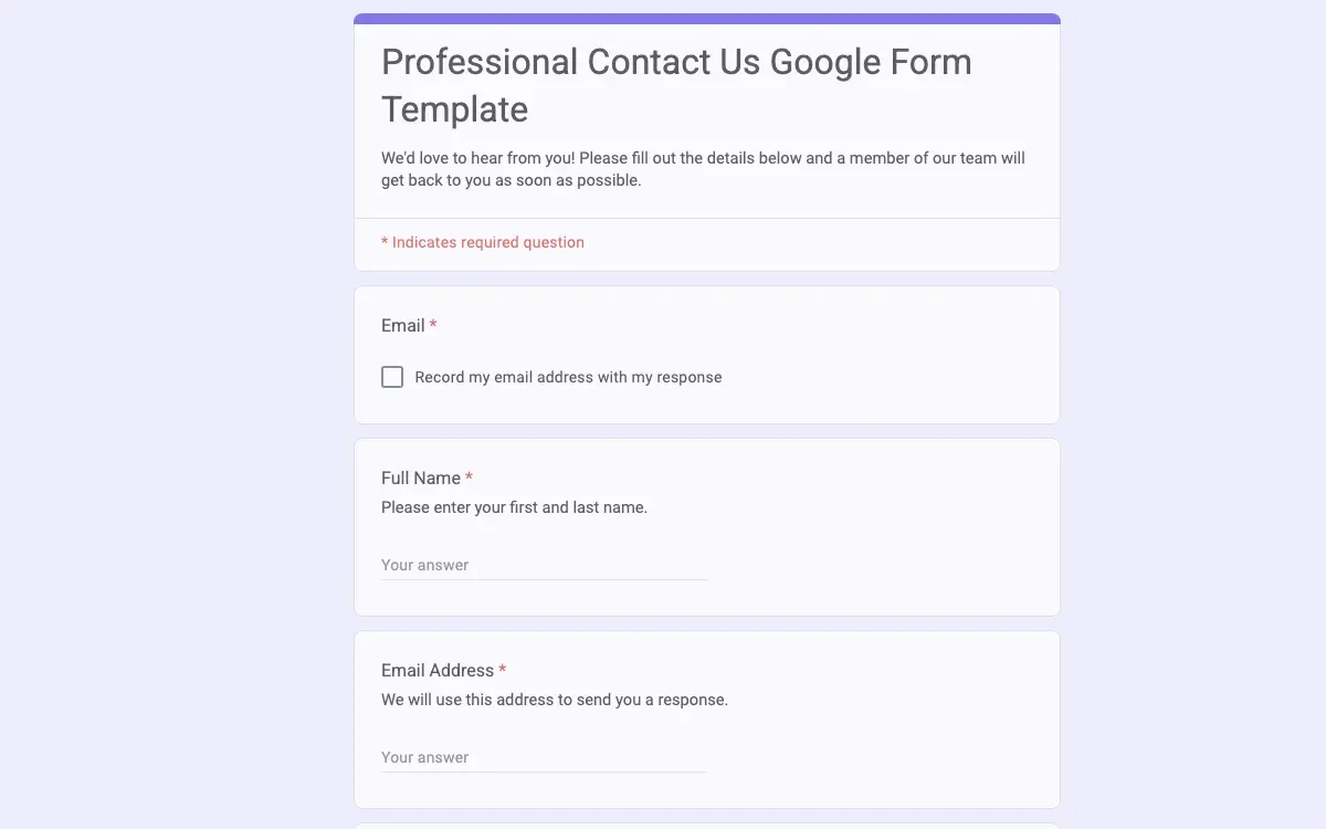 Preview of Professional Contact Us Google Form Template