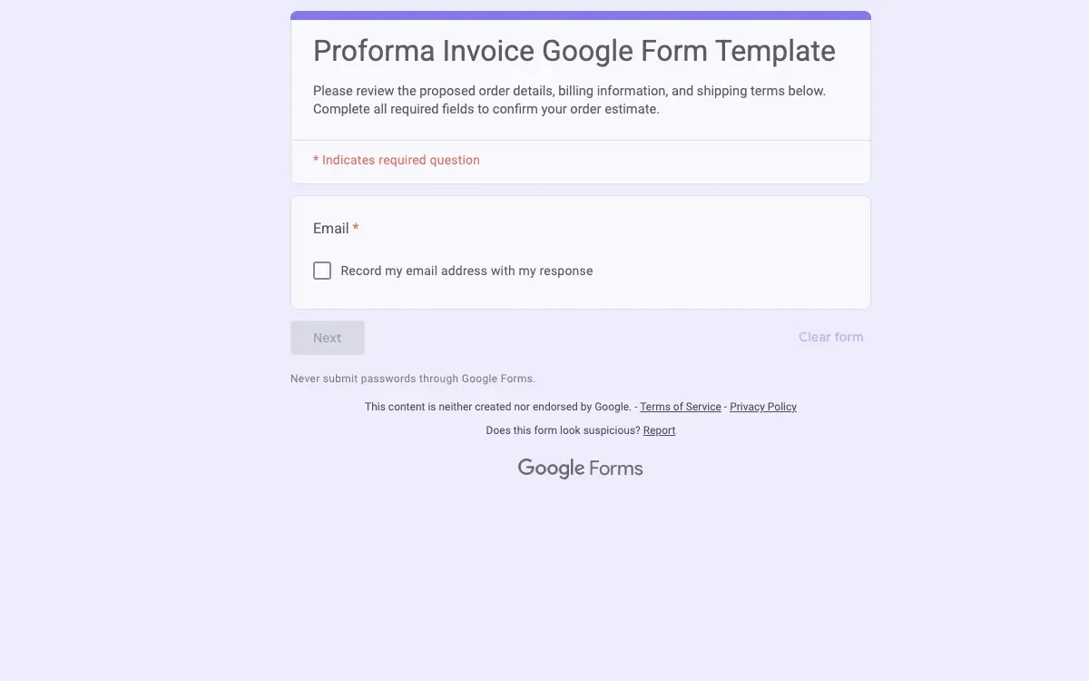 Preview of Proforma Invoice Google Form Template