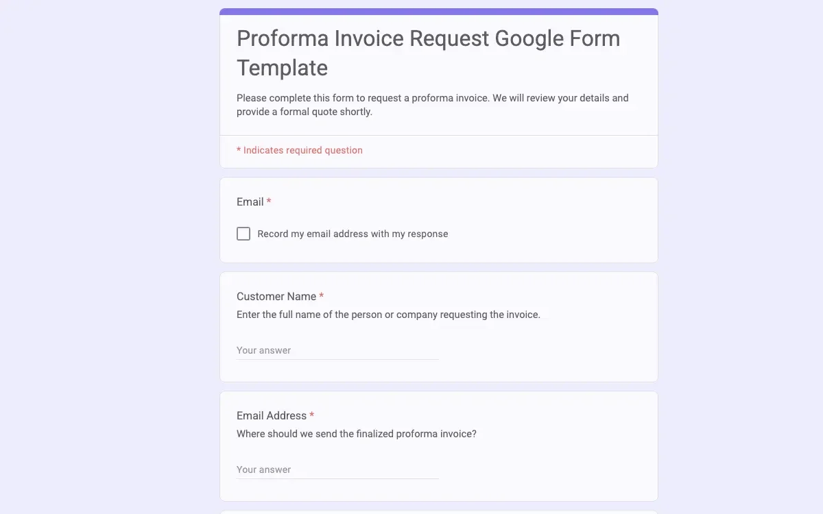 Preview of Proforma Invoice Request Google Form Template