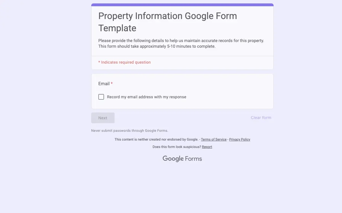 Preview of Property Information Google Form Template