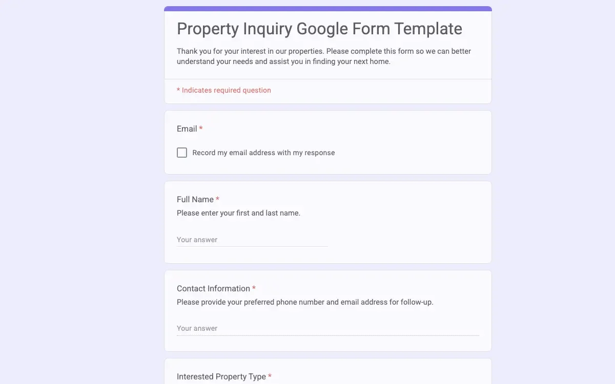 Preview of Property Inquiry Google Form Template