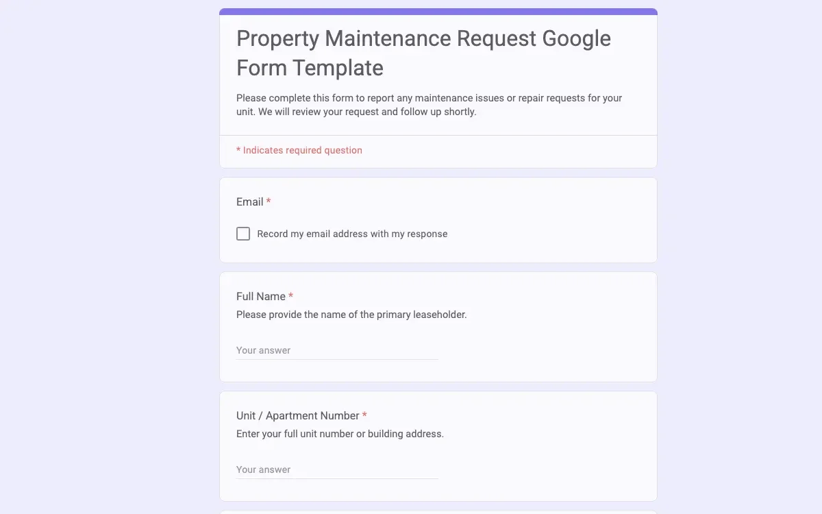 Preview of Property Maintenance Request Google Form Template