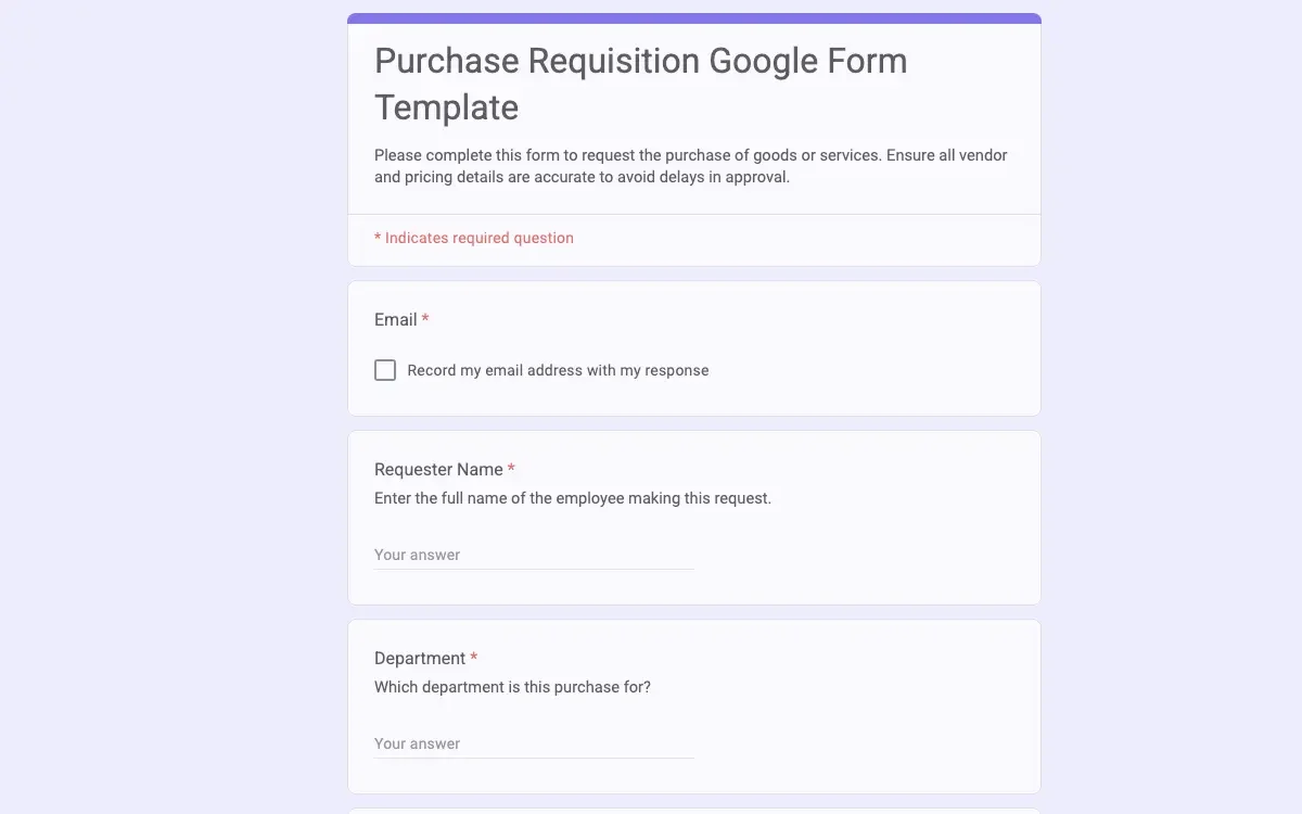 Preview of Purchase Requisition Google Form Template
