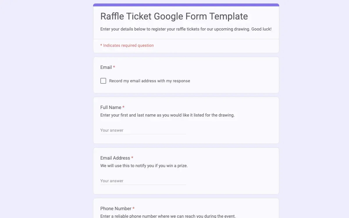Preview of Raffle Ticket Google Form Template