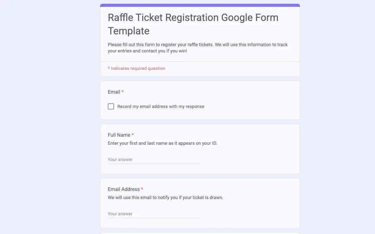Preview of Raffle Ticket Registration Google Form Template