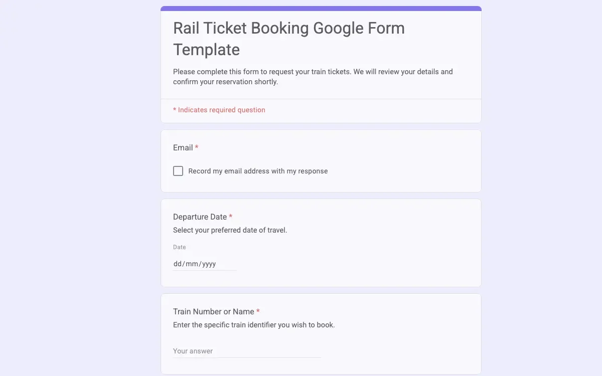Preview of Rail Ticket Booking Google Form Template