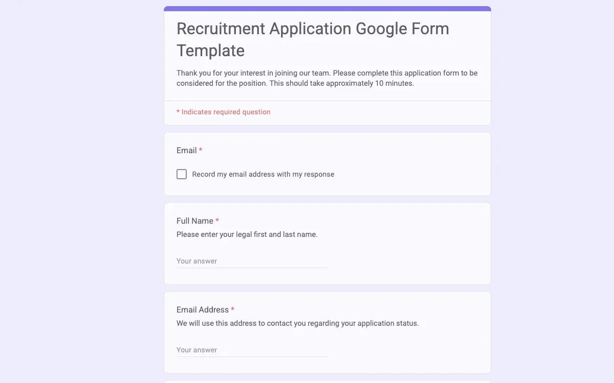 Preview of Recruitment Application Google Form Template
