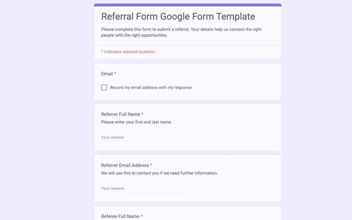 Preview of Referral Form Google Form Template