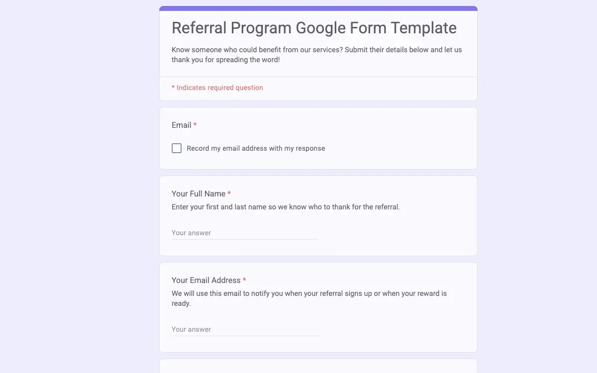 Preview of Referral Program Google Form Template
