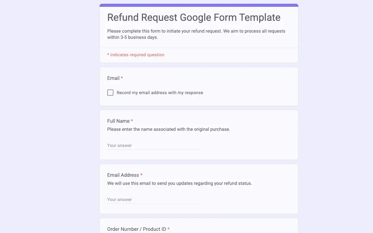 Preview of Refund Request Google Form Template