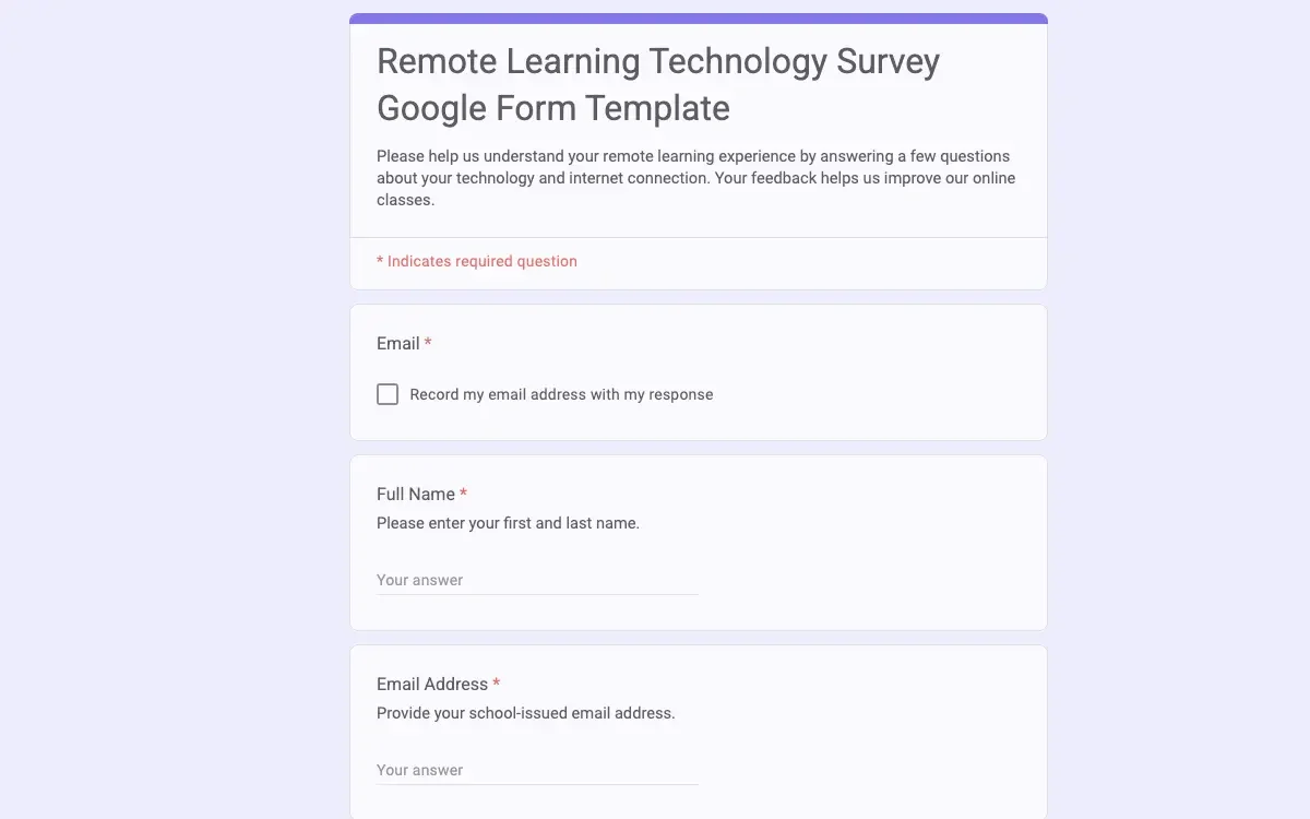 Preview of Remote Learning Technology Survey Google Form Template