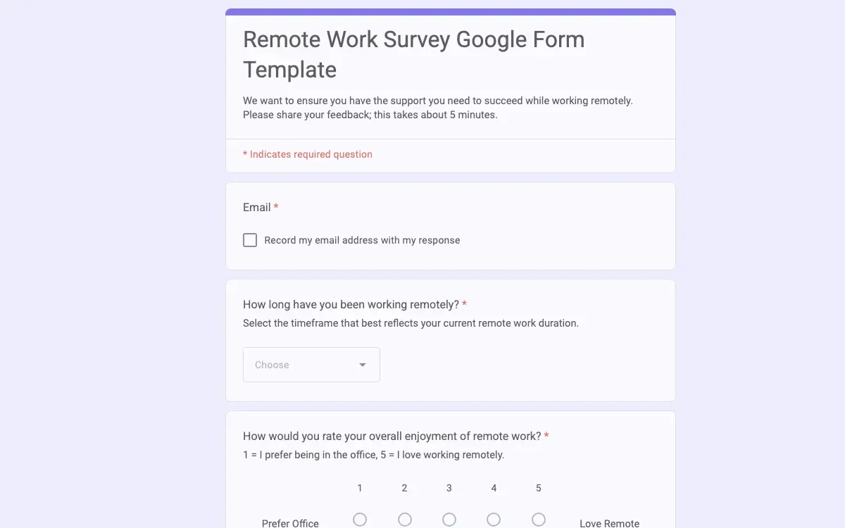Preview of Remote Work Survey Google Form Template