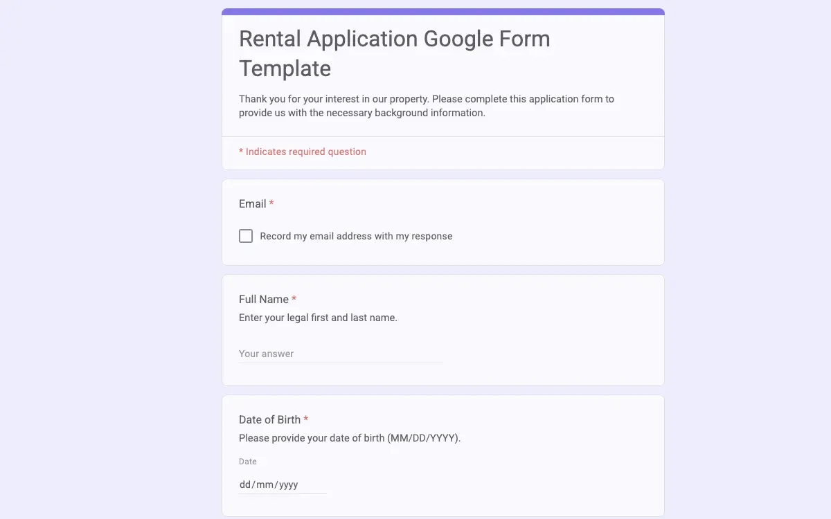Preview of Rental Application Google Form Template