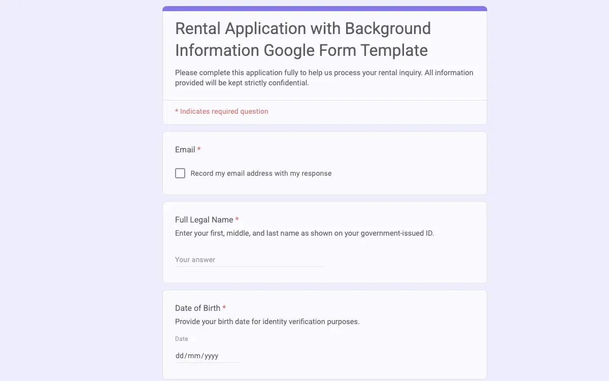 Preview of Rental Application with Background Information Google Form Template