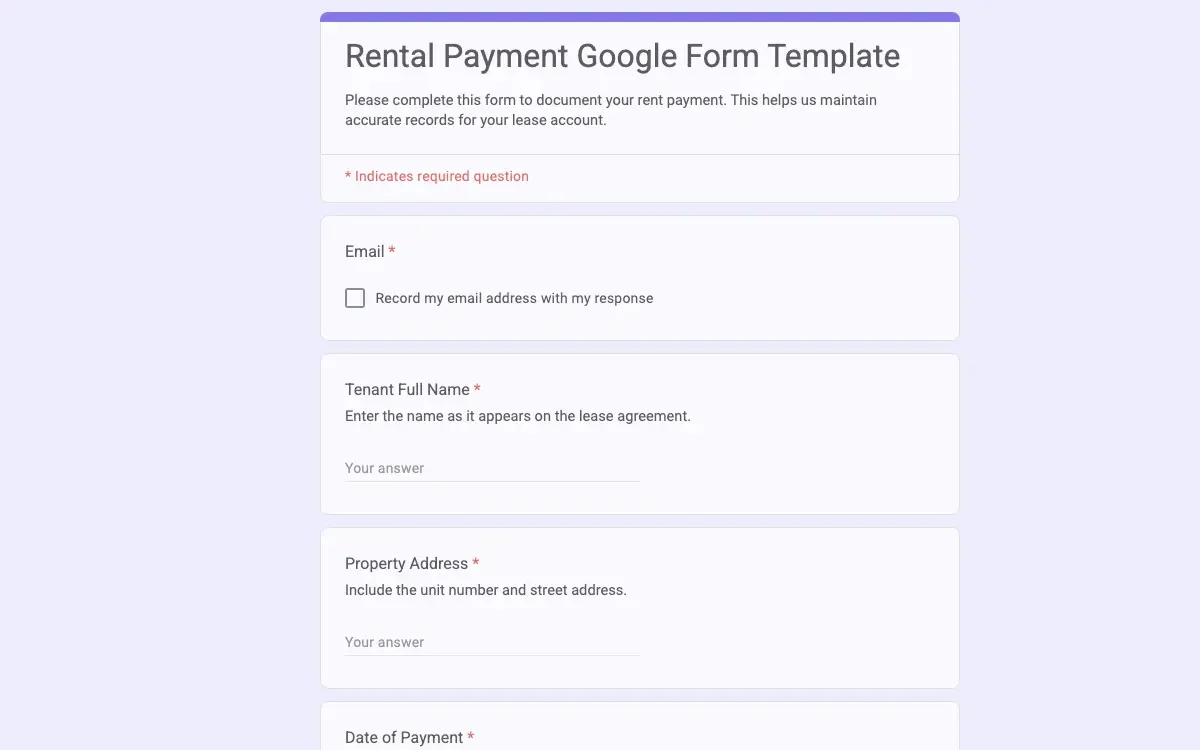 Preview of Rental Payment Google Form Template