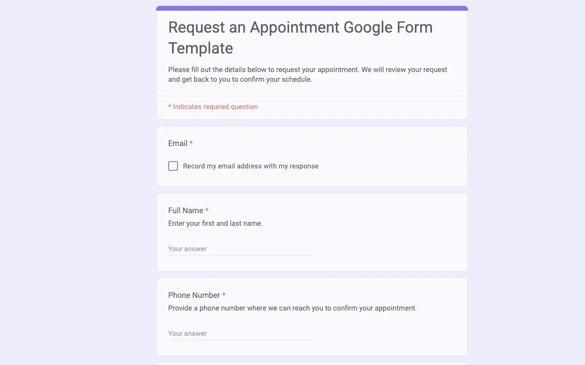 Preview of Request an Appointment Google Form Template