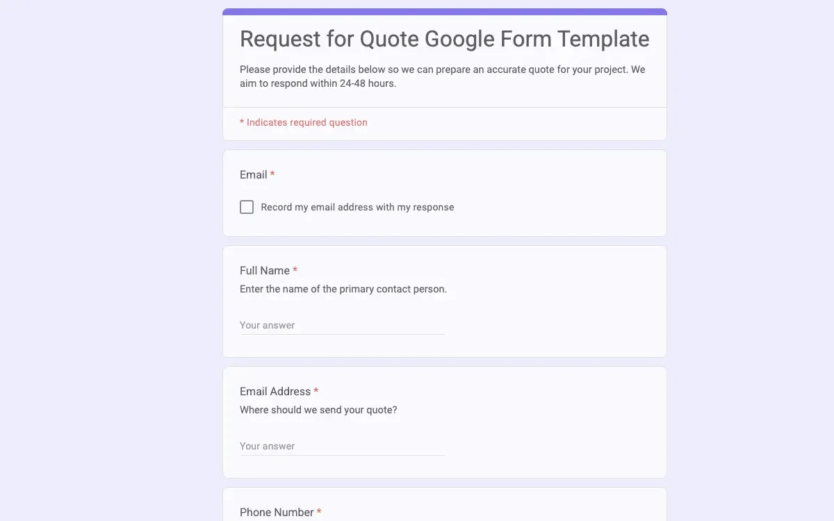 Preview of Request for Quote Google Form Template