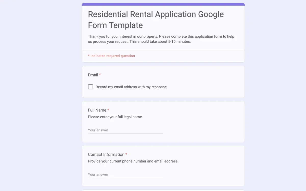 Preview of Residential Rental Application Google Form Template
