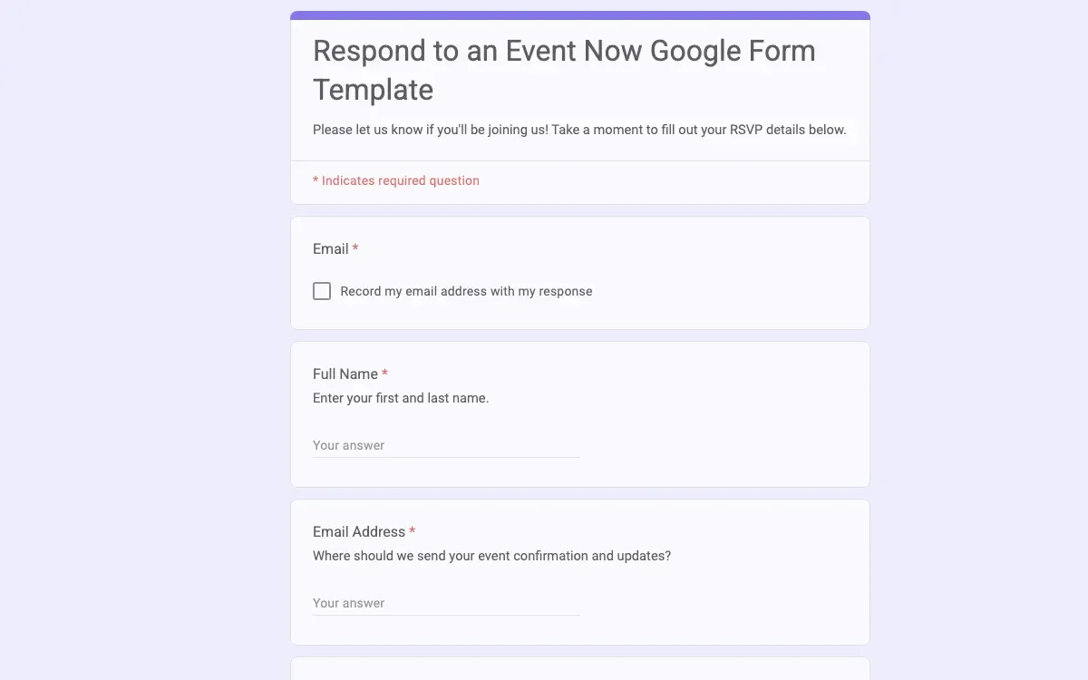 Preview of Respond to an Event Now Google Form Template