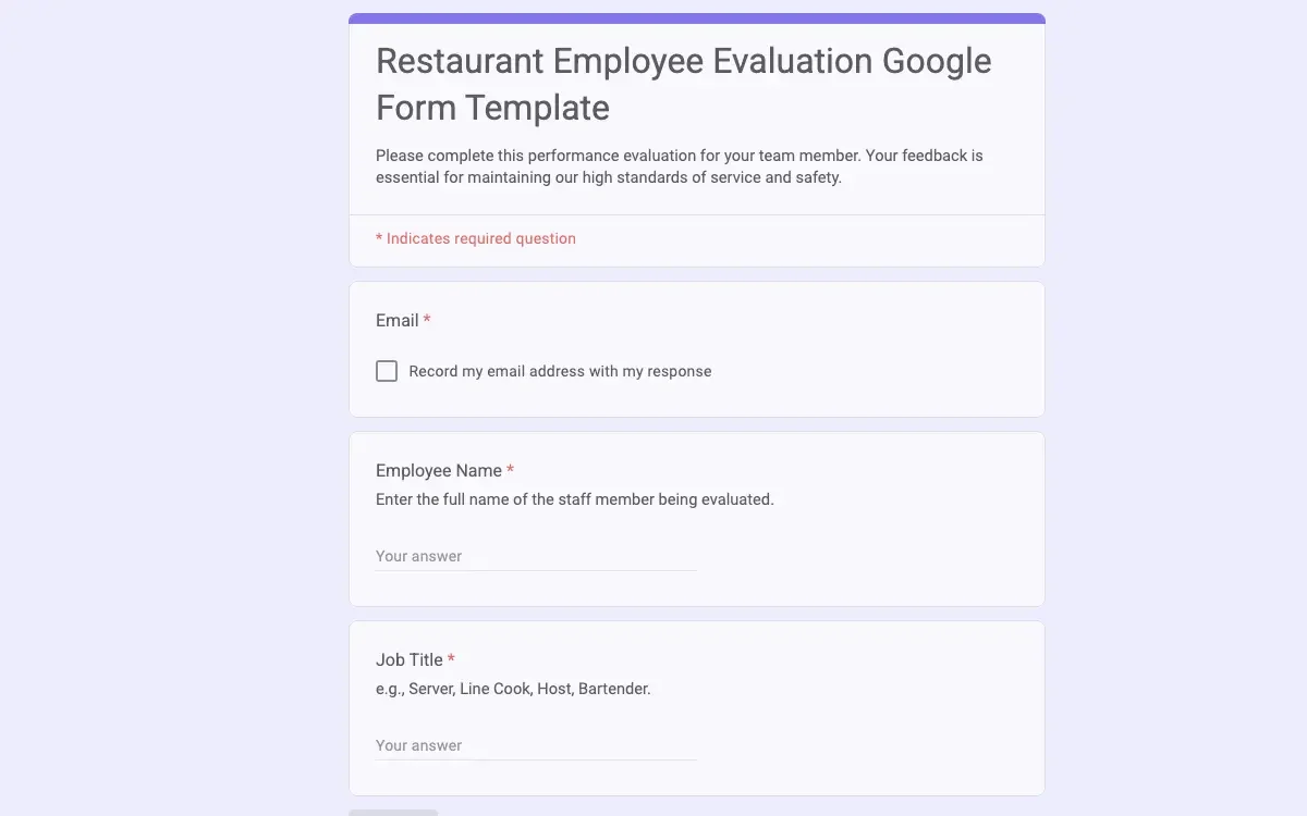 Preview of Restaurant Employee Evaluation Google Form Template