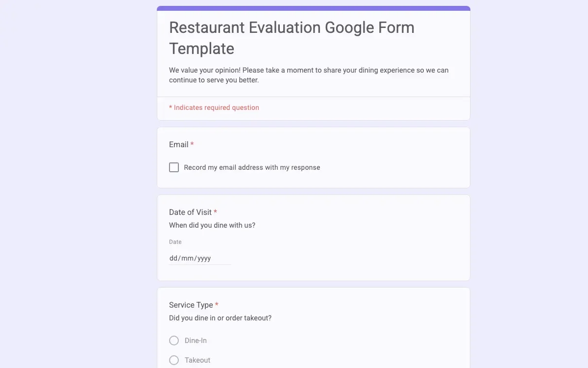 Preview of Restaurant Evaluation Google Form Template