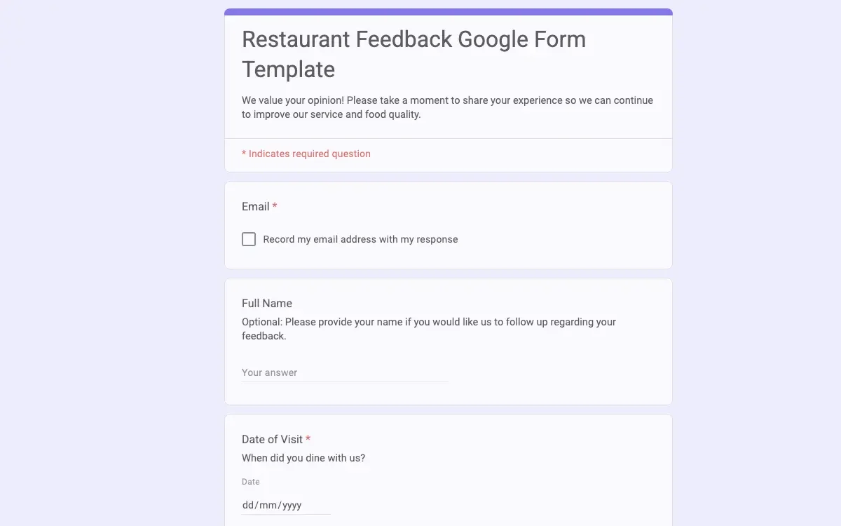 Preview of Restaurant Feedback Google Form Template