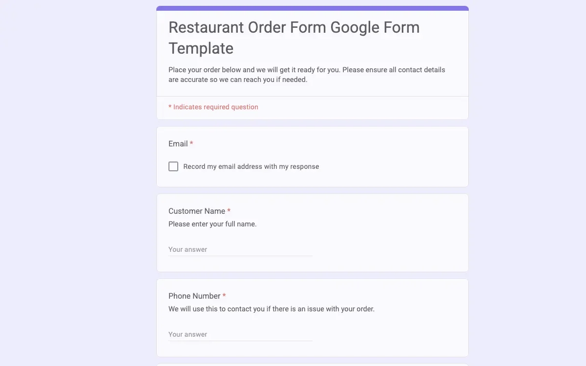 Preview of Restaurant Order Form Google Form Template