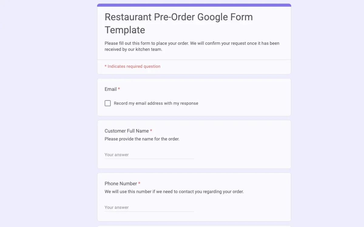 Preview of Restaurant Pre-Order Google Form Template