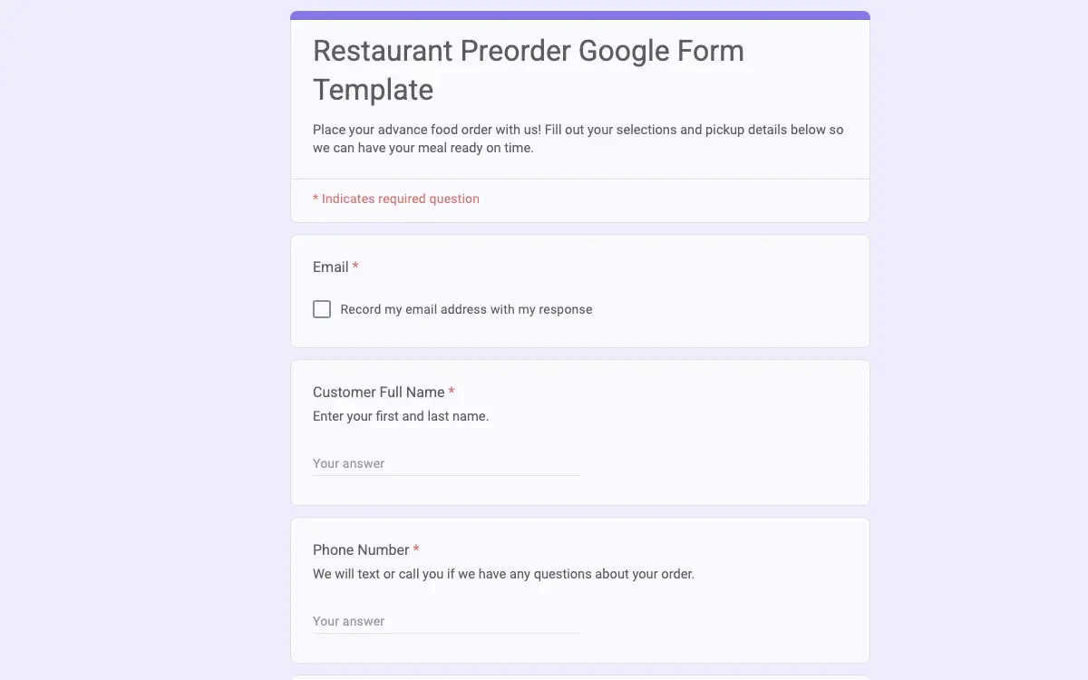 Preview of Restaurant Preorder Google Form Template