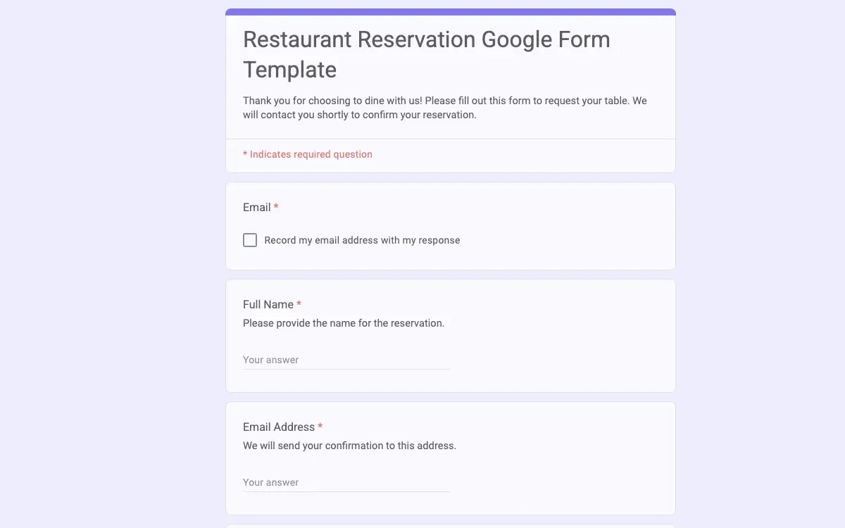 Preview of Restaurant Reservation Google Form Template