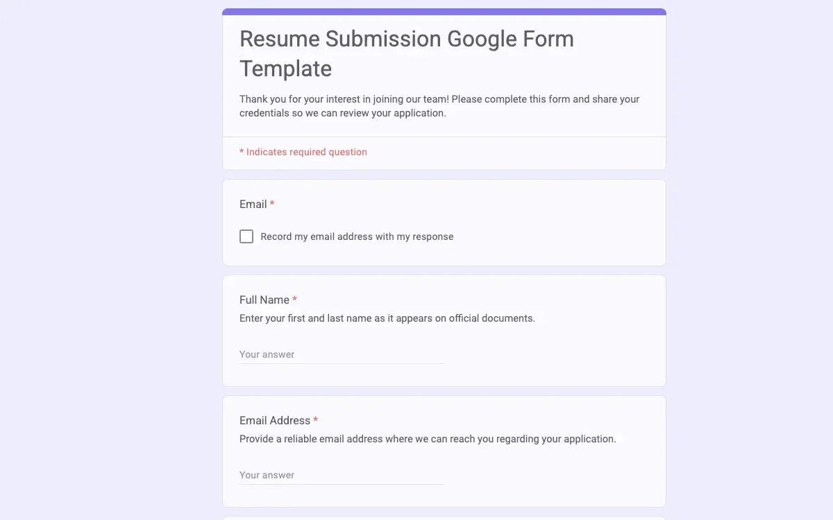 Preview of Resume Submission Google Form Template