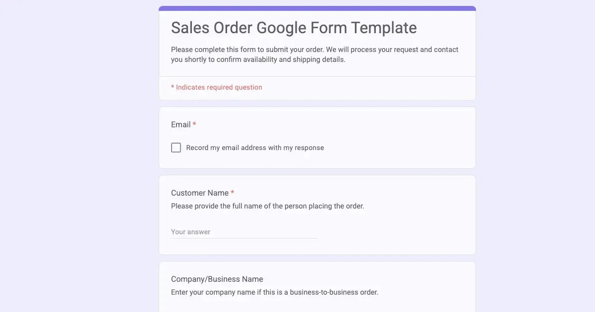 Sales Order Google Form Template | Doc2Form