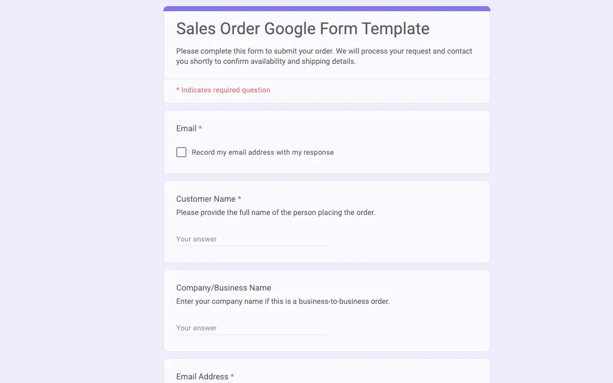 Preview of Sales Order Google Form Template
