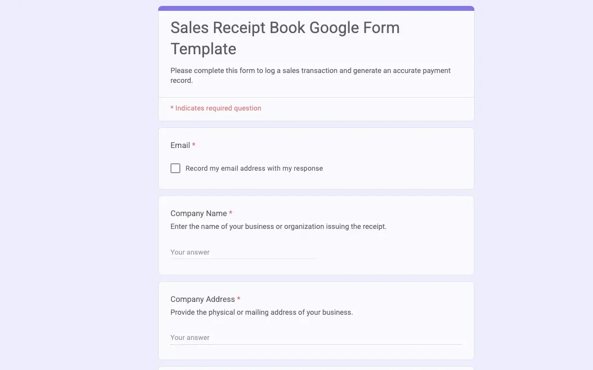 Preview of Sales Receipt Book Google Form Template
