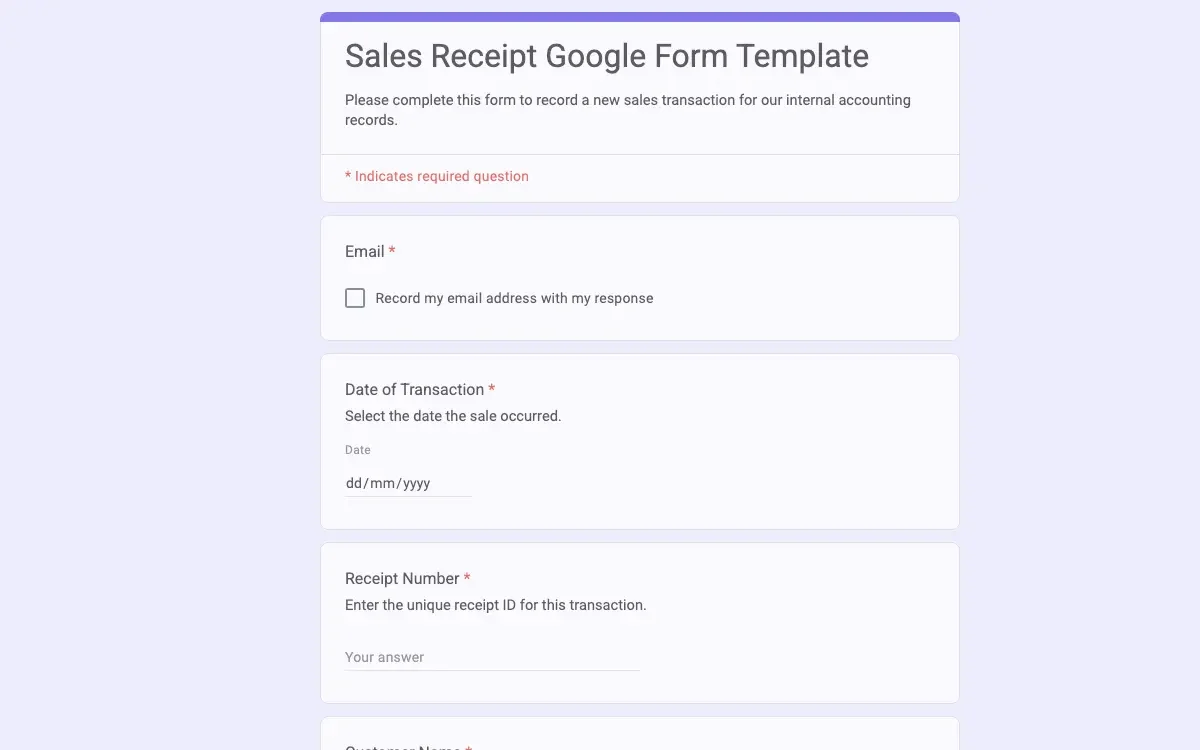 Preview of Sales Receipt Google Form Template