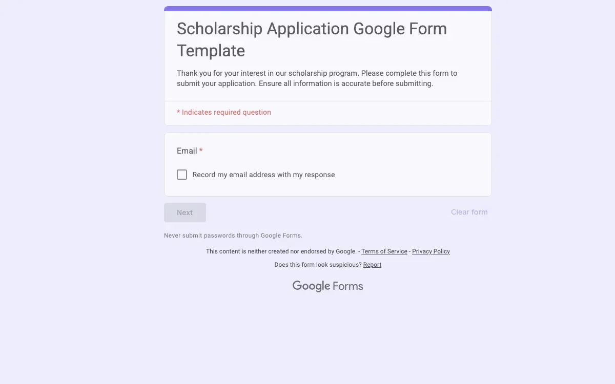 Preview of Scholarship Application Google Form Template