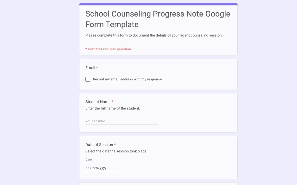 Preview of School Counseling Progress Note Google Form Template