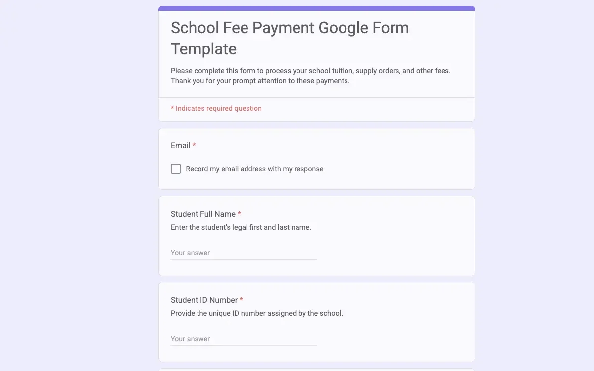 Preview of School Fee Payment Google Form Template