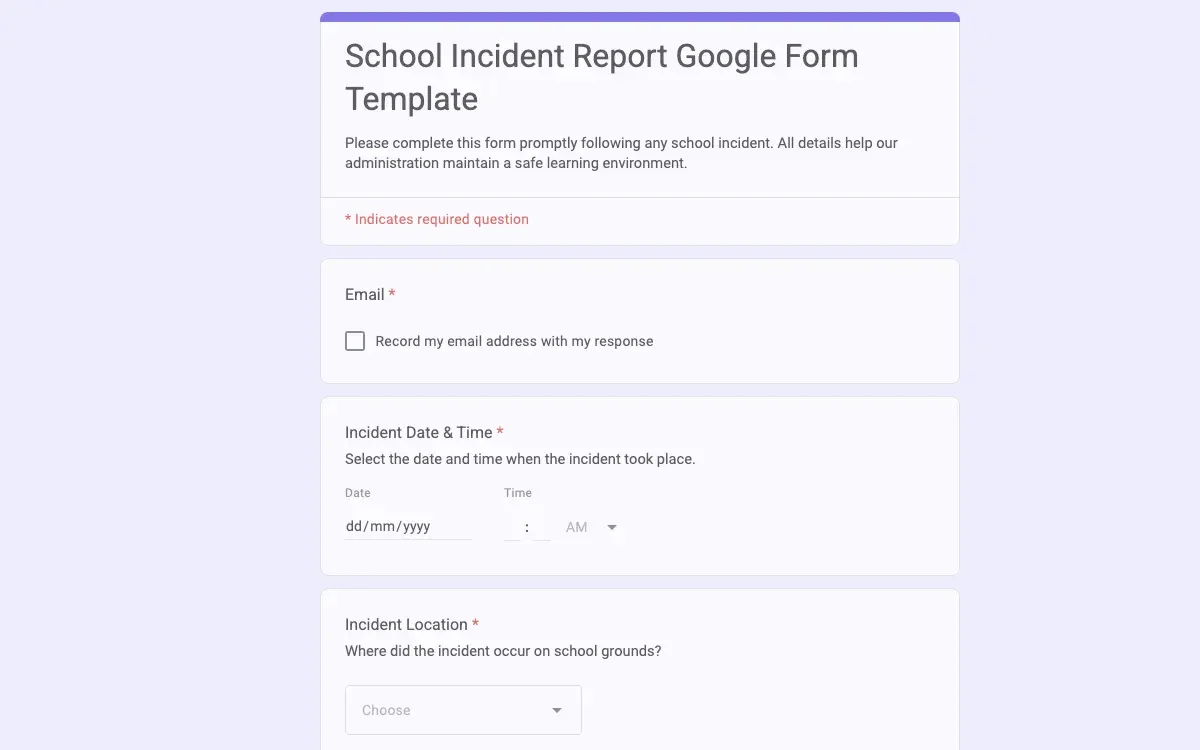 Preview of School Incident Report Google Form Template