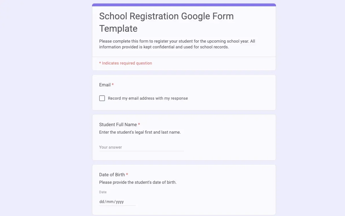 Preview of School Registration Google Form Template
