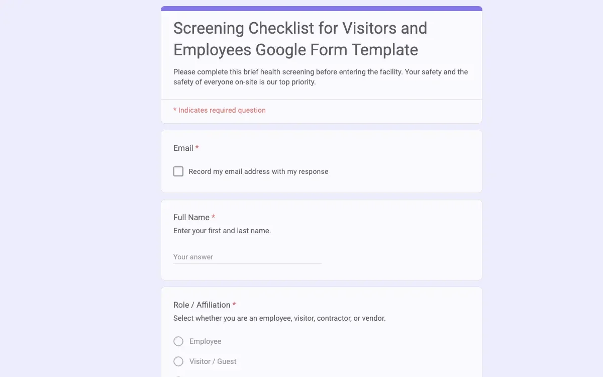 Preview of Screening Checklist for Visitors and Employees Google Form Template