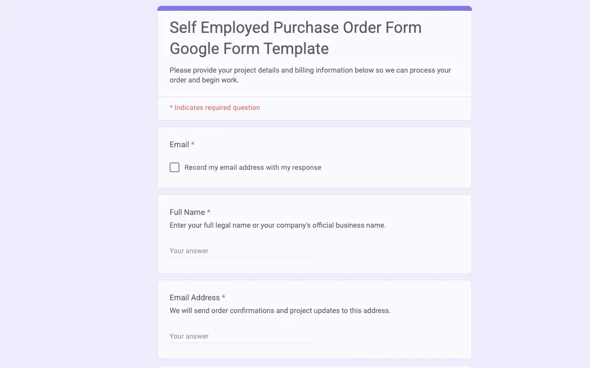 Preview of Self Employed Purchase Order Form Google Form Template
