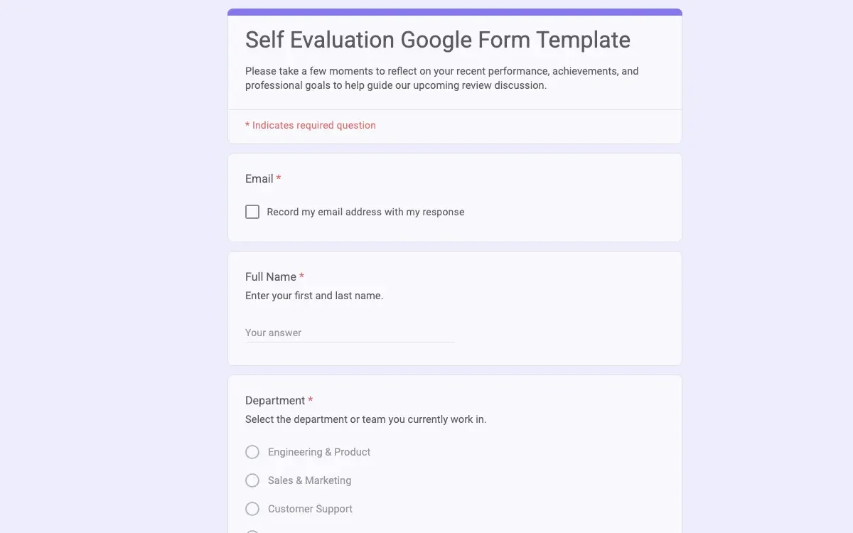 Preview of Self Evaluation Google Form Template