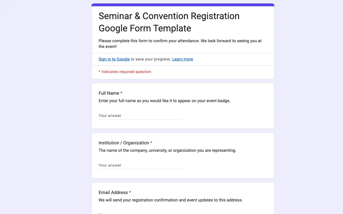 Preview of Seminar & Convention Registration Google Form Template