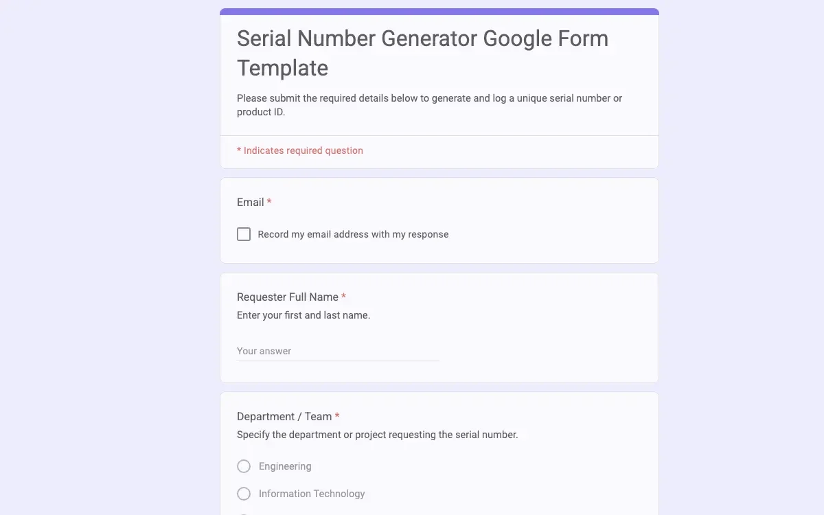 Preview of Serial Number Generator Google Form Template
