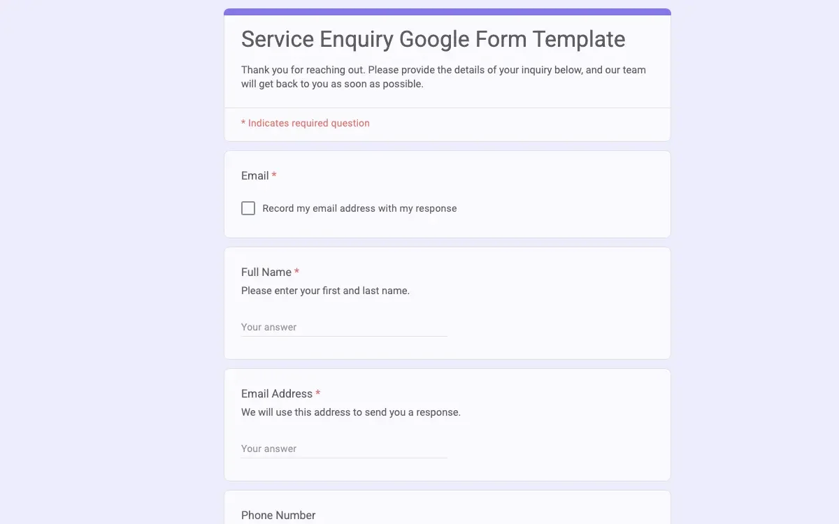 Preview of Service Enquiry Google Form Template