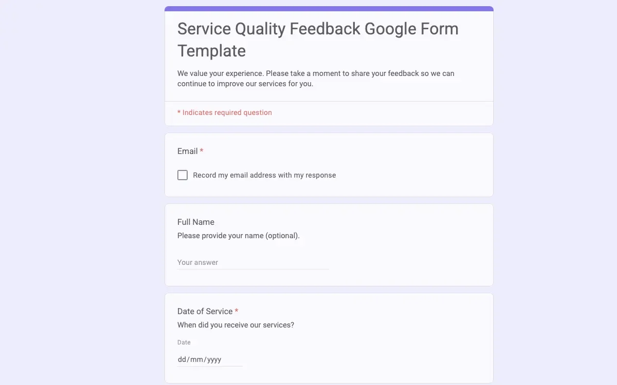 Preview of Service Quality Feedback Google Form Template
