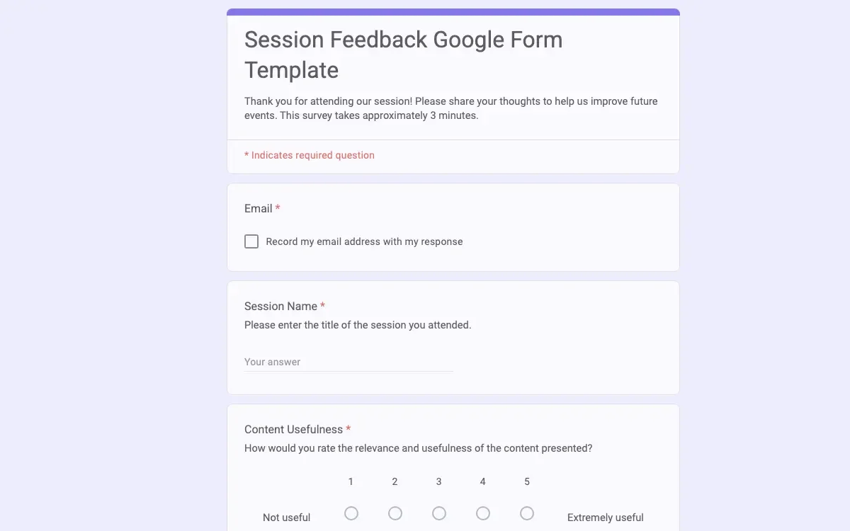 Preview of Session Feedback Google Form Template