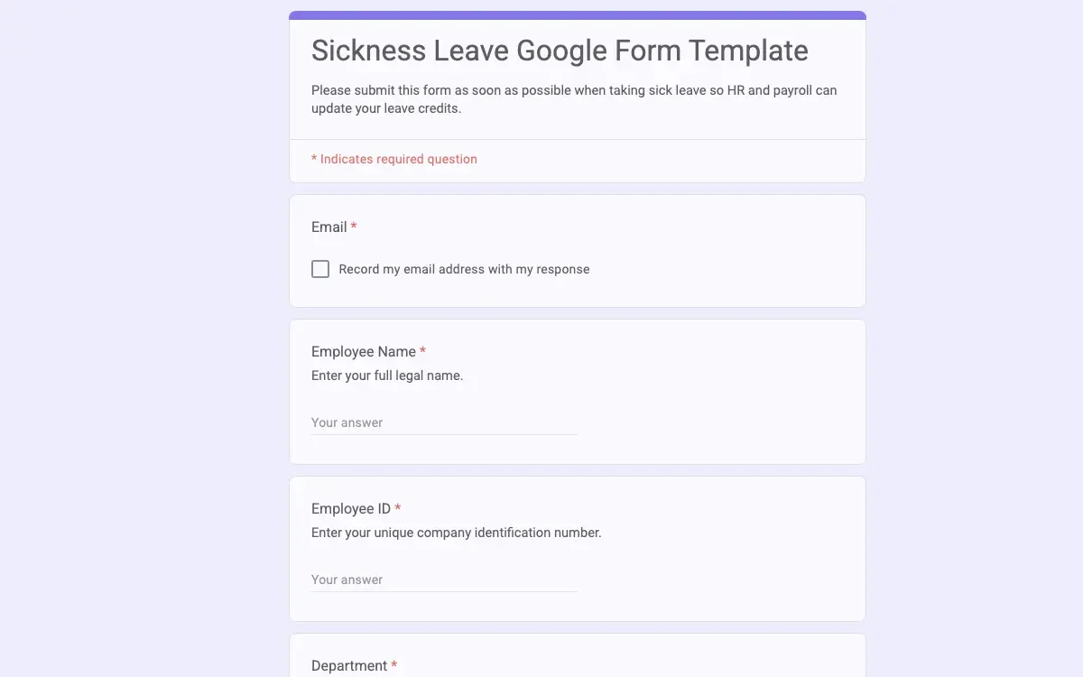 Preview of Sickness Leave Google Form Template