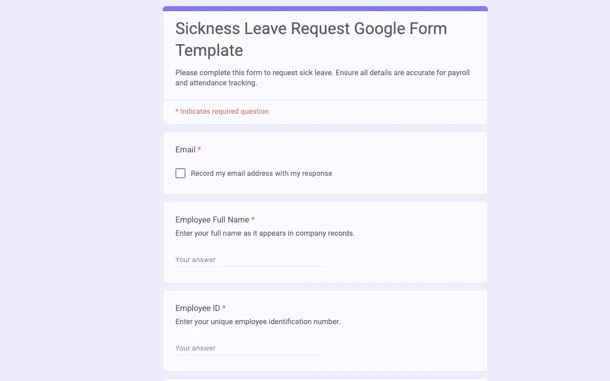 Preview of Sickness Leave Request Google Form Template